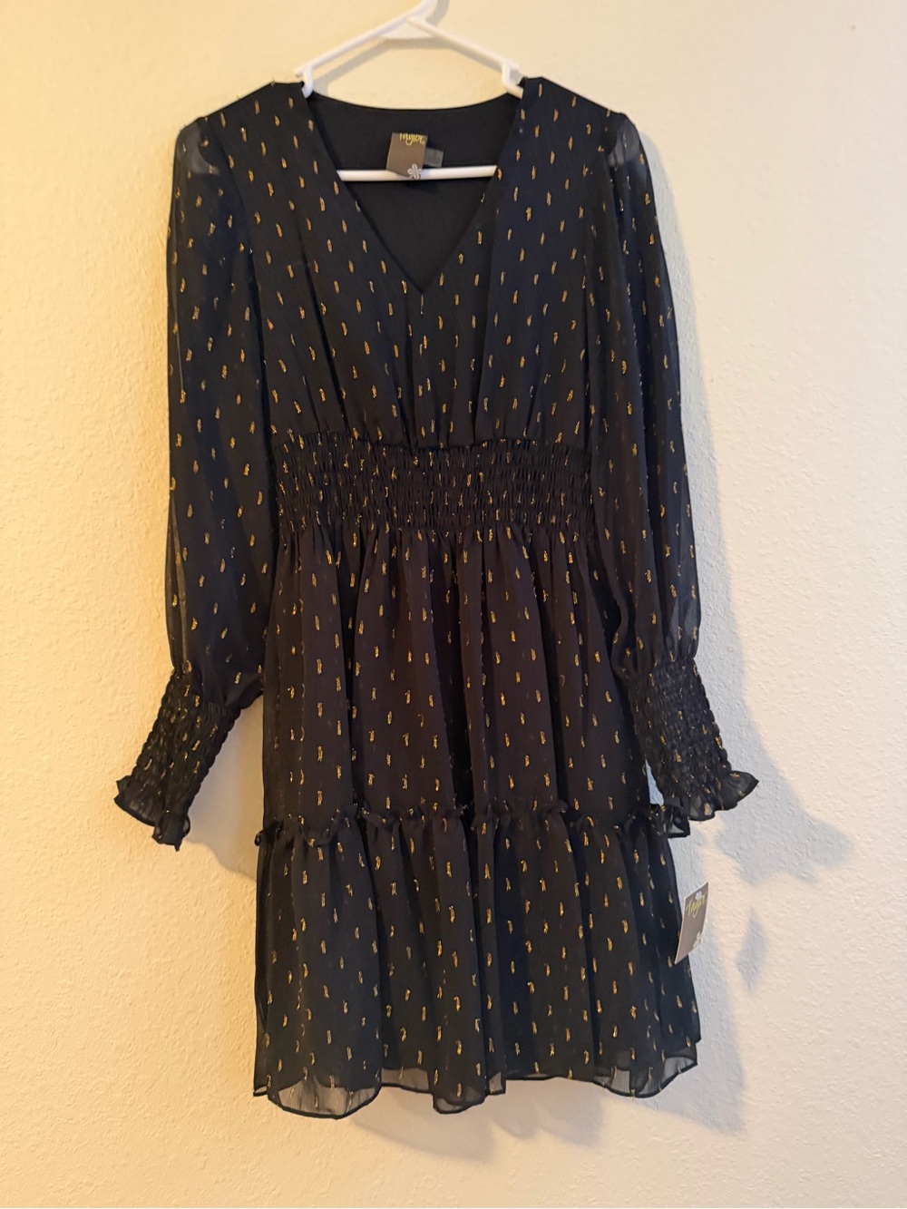 Black and Gold Smocked Waist Long Sleeve Mini Dress